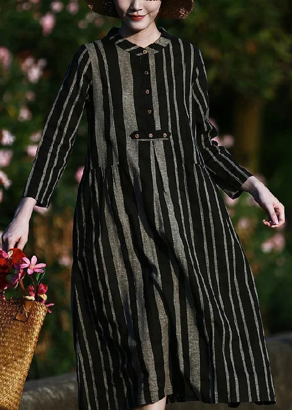 midi dressElegant o neck linen spring clothes For Women pattern black striped Dresses