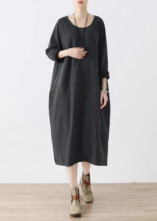 boho-chic dressWomen o neck asymmetric fall tunic pattern Work Outfits gray Robe Dresses