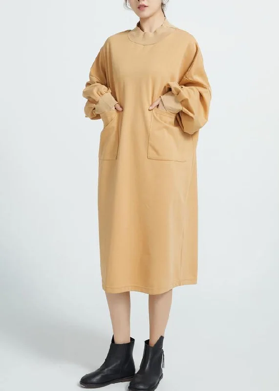 textured dressWomen O Neck Cotton Spring Dresses Sleeve Camel Color Dresses