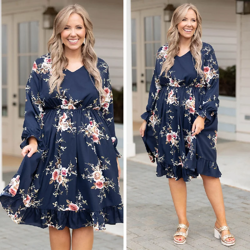 satin midi dressBeautifully Blooming Dress, Navy