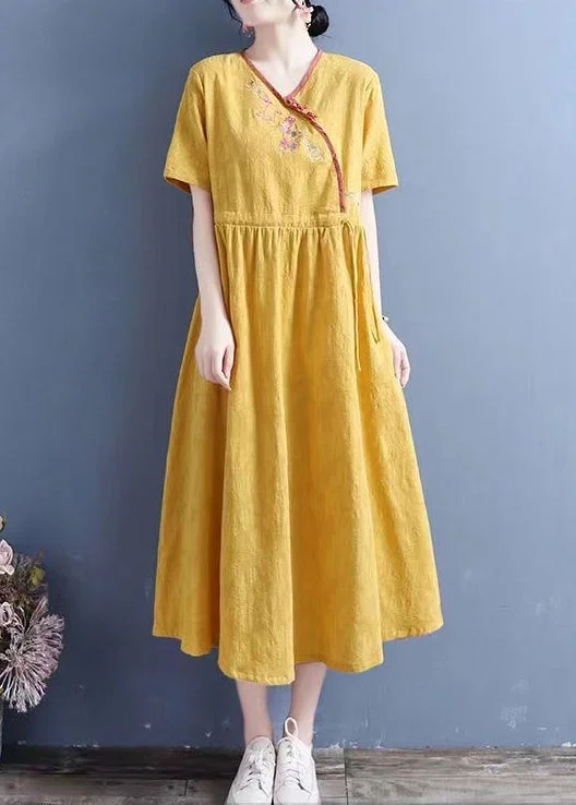 pleated maxi dressWomen Yellow Embroidered Lace Up Linen Dresses Summer