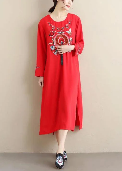 casual dressChic O Neck Tassel Spring Tunics Outfits Red Embroidery A Line Dresses