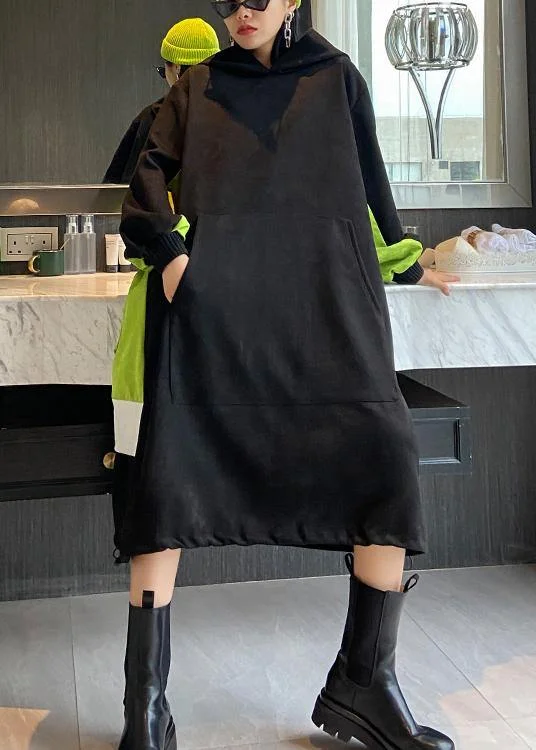 elegant dressFrench hooded patchwork Long dress Outfits black Dress