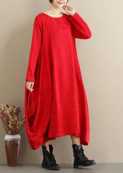 casual summer dressDIY Red Jacquard Tunics O Neck Asymmetric Maxi Spring Dresses