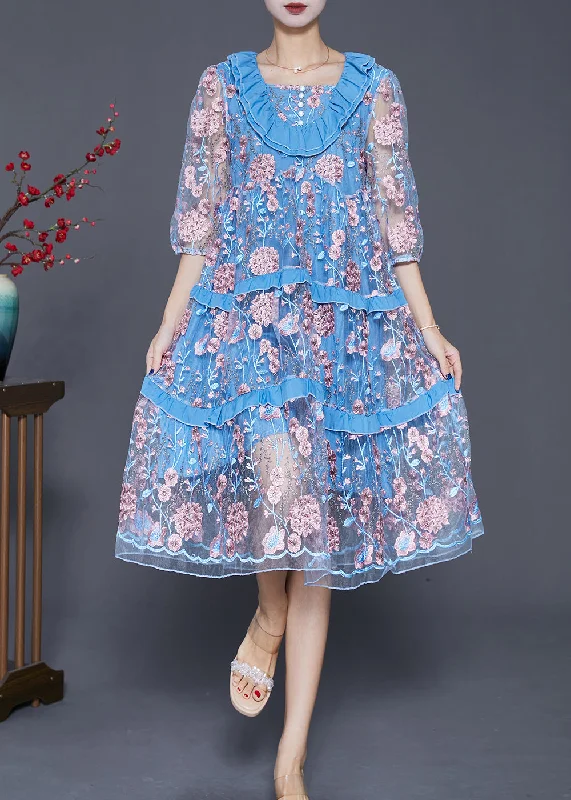 casual midi dressModern Lake Blue Ruffled Patchwork Embroidered Tulle Dress Summer