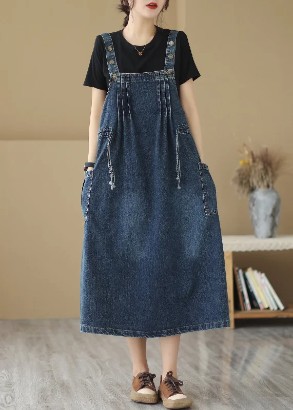 structured dressRetro Summer New Blue Pockets Drawstring Denim Strap Dresses