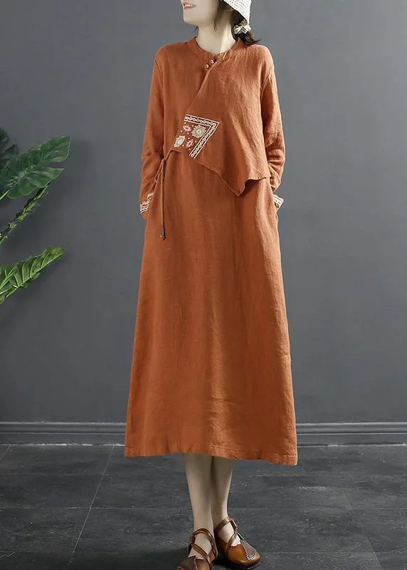 form-fitting dressWomen Patchwork Clothes Tutorials Orange Embroidery Robes Dress