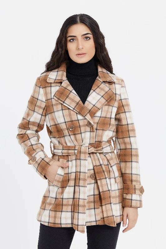 Women Beige Checked Coat