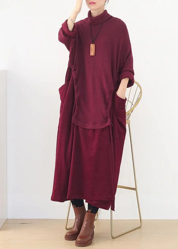 fitted dressFashion long sleeve Sweater high neck weather Moda red Art sweater dresses