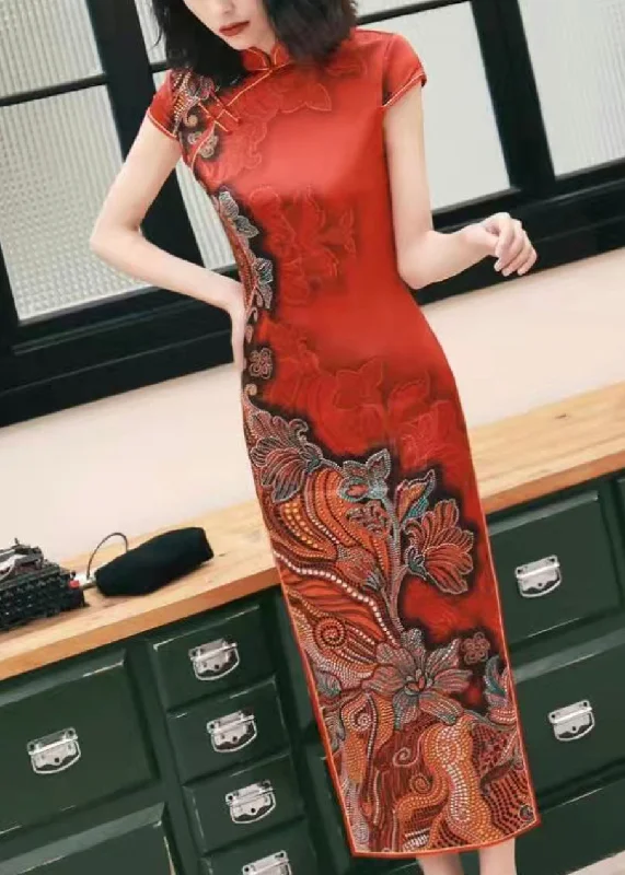 wrap-around dressClassy Red Button Print Side Open Silk Long Dresses Summer