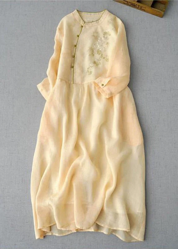 silk dressChinese Style Yellow Embroideried Button Cotton Dress Bracelet Sleeve