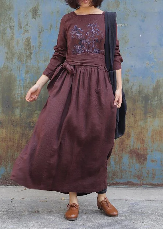 comfy maxi dressArt tie waist linen embroidery dresses Tunic Tops brown Dress