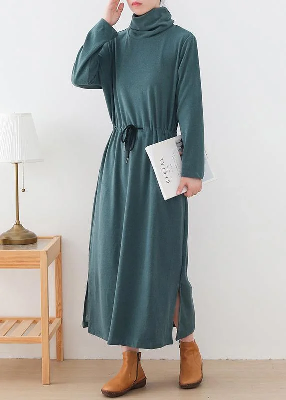 casual knit dressOrganic high neck drawstring outfit Photography green Maxi Dresses