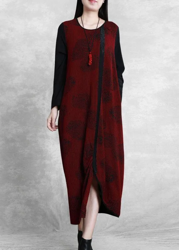 fitted dressFrench burgundy Jacquard quilting clothes o neck patchwork Robe  Dresses