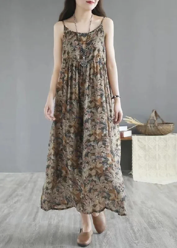 elegant shift dressBohemian Khaki Print Wrinkled Linen Spaghetti Strap Dress Sleeveless