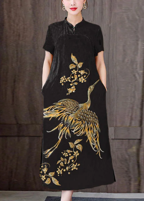 winter dressFitted black phoenix Mandarin Collar Print Pockets Silk Long Dresses Short Sleeve