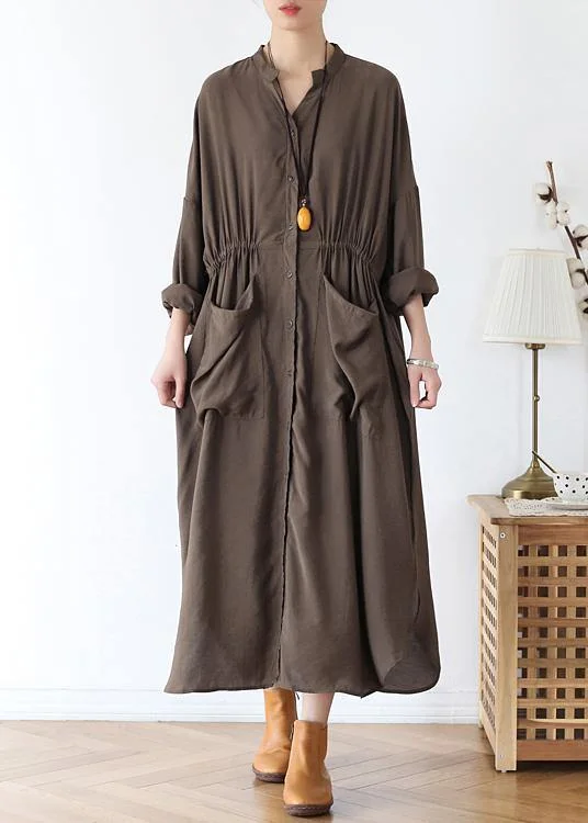 long sleeve dressSimple chocolate cotton quilting dresses v neck pockets Traveling spring Dresses