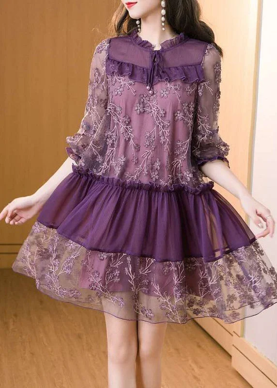 floral dressCasual Purple Embroidered Patchwork Chiffon Mini Dress Summer