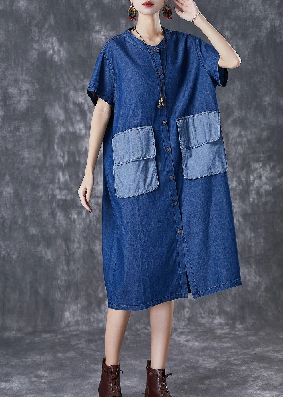 boho-chic dressPlus Size Navy Oversized Patchwork Pockets Denim Maxi Dresses Summer