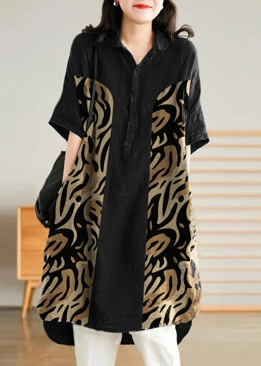 form-fitting dressJade  black leopard print Linen Women Casual Linen Shirt Dress