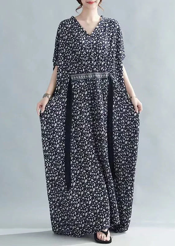 puff sleeve dressFrench Black Print Tie Waist CottonLong Dress Batwing Sleeve