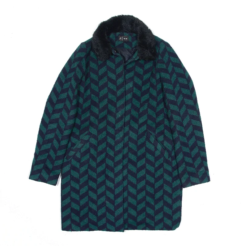 wool-blend coatR EDITION Faux Fur Collar Overcoat Jacket Green Chevron Womens M