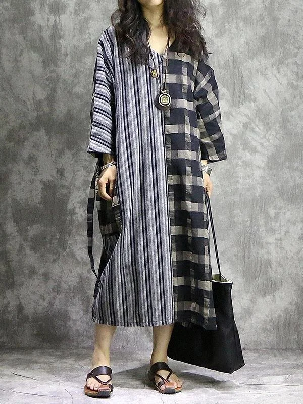 comfy maxi dressDIY Plaid patchwork striped cotton linen quilting dresses v neck pockets Maxi Dress