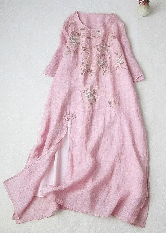 elegant shift dressElegant Pink Print Side Open Cotton Long Dress Summer