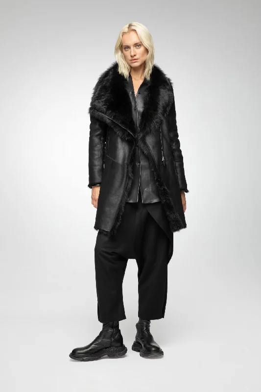 fashion coat with hoodElena -  Black Shearling Coat