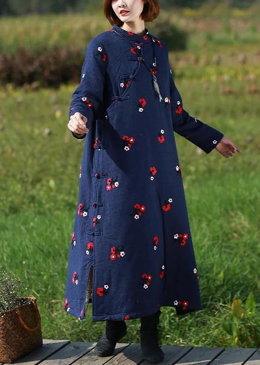 stylish party dressHandmade Navy Embroidery Tunics Stand Collar Robe Spring Dresses