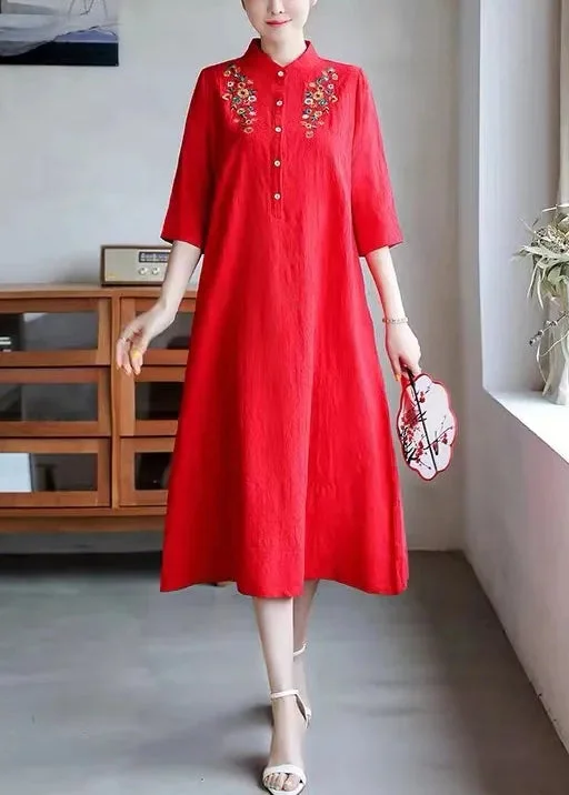 party dressWomen Red Embroidered Button Cotton Dress Half Sleeve