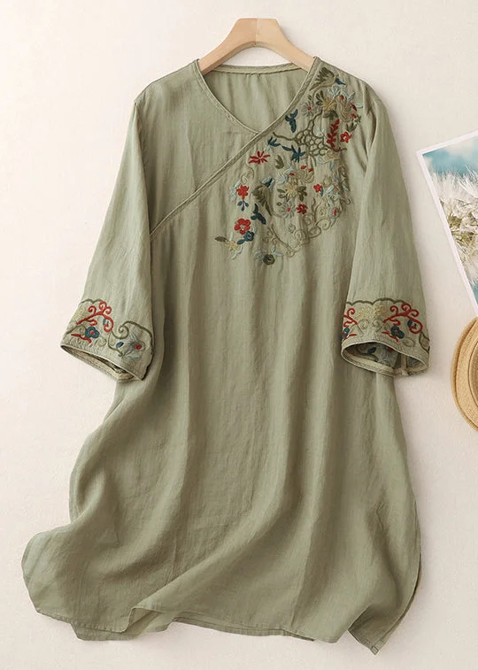 satin dressLoose Green V Neck Embroidered Side Open Cotton Mid Dress Half Sleeve