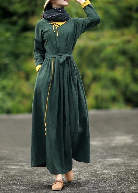 formal dressDIY blackish green quilting dresses v neck tie waist loose spring Dresses