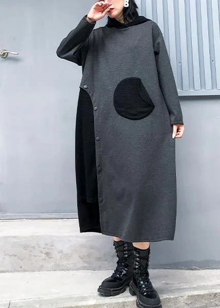 winter dressWomen gray cotton quilting clothes hooded patchwork loose fall Dress