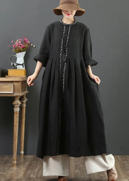 wool dressElegant Black Clothes O Neck Cinched A Line Spring Dresses