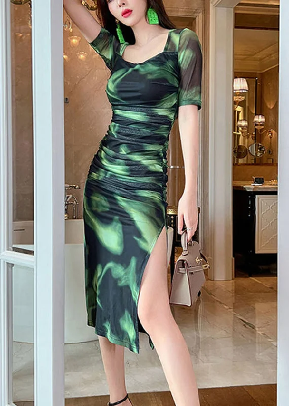 A-line dressStylish Green Tie Dye Side Open Wraped Dresses Summer