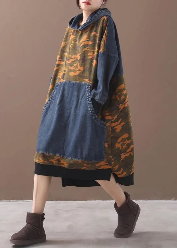 casual dressDIY orange Camouflage cotton clothes For Women hooded Maxi patchwork Dresses