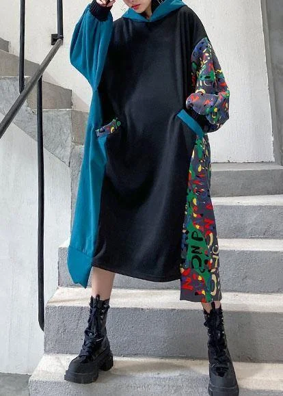 casual summer dressVivid black cotton quilting clothes hooded patchwork print Traveling Dresses