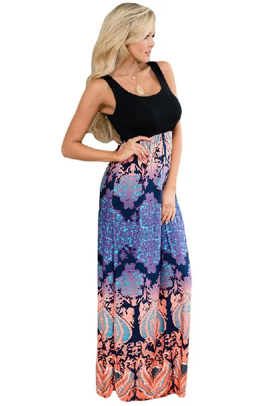 sleek midi dressJuliaFashion-Orange Purple Aqua Print Sleeveless Long Boho Dress