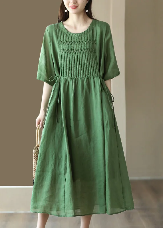 trendy wrap dressGreen Wrinkled Tie Waist Linen Maxi Dress Short Sleeve