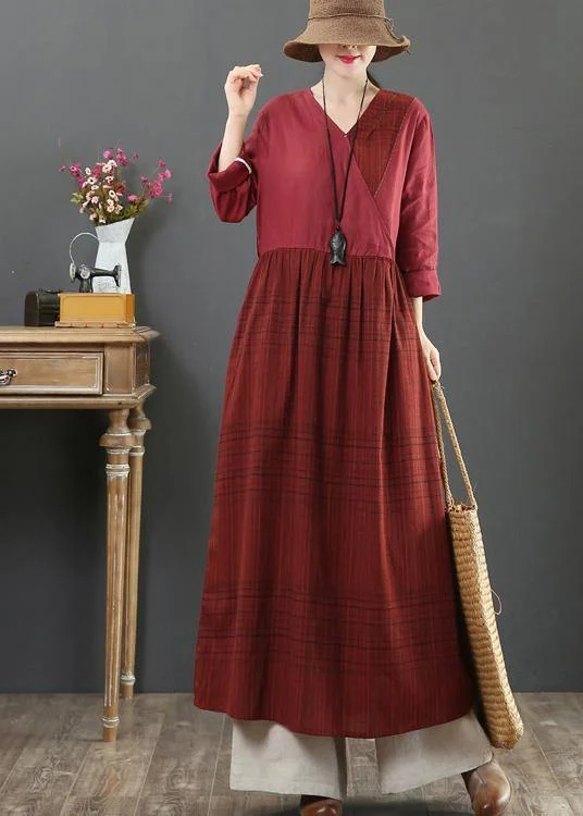 casual midi dressModern Burgundy Plaid Tunic V Neck Tie Waist Maxi Spring Dress