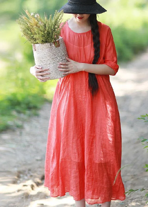 bohemian dressDIY Orange Red Clothes O Neck Cinched Robes Summer Dress