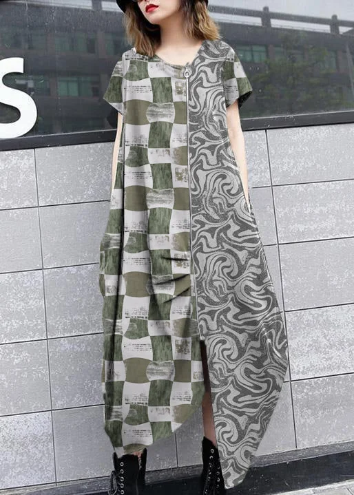 chic wrap dressHandmade Gray geometry asymmetric cotton Long Shirts zippered long summer Dress