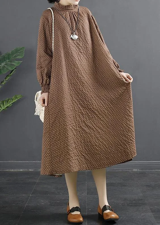 relaxed fit dressChic Stand Collar Tunic Dress Work Outfits Chocolate Dotted Maxi Dress