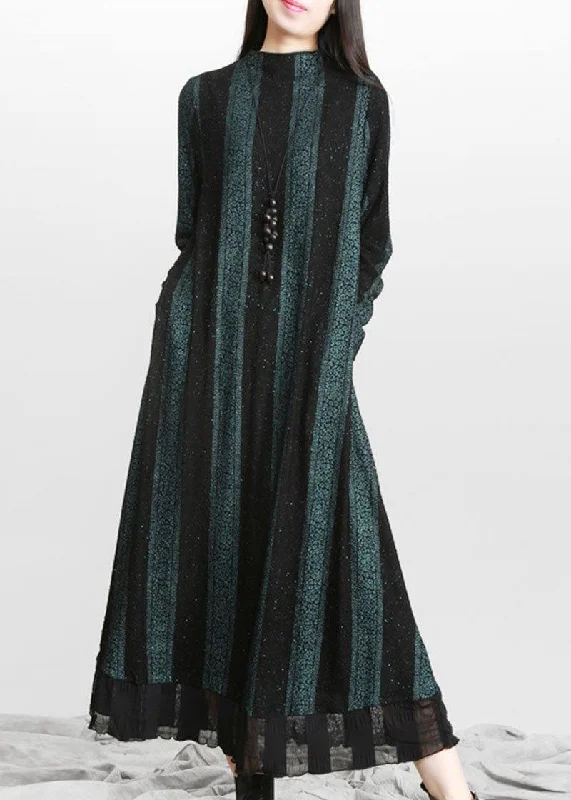 elegant shift dressVintage Blue Striped PatchworkChiffon Fall Long Dresses