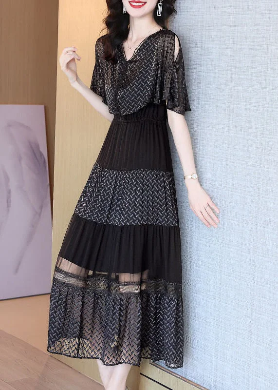 elegant dressItalian Black V Neck Wrinkled Patchwork Chiffon Long Dresses Summer