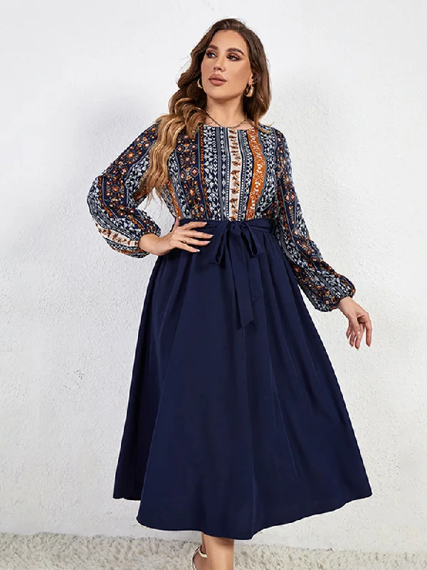 vintage dressPlus Blue Floral Printed Lantern Sleeve Dress