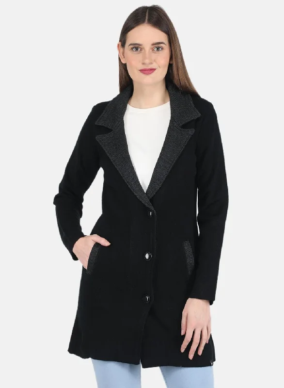 casual coatWomen Black Self design Coat