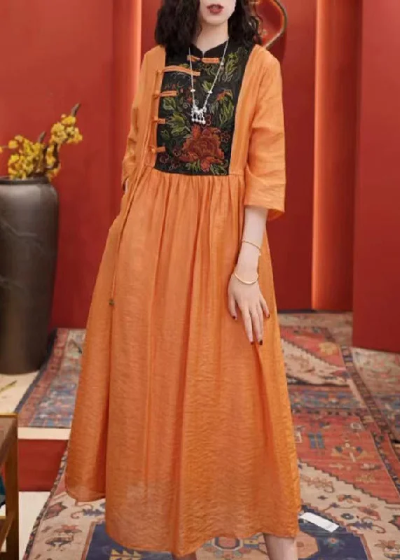 long-sleeve floral dressWomen Orange Embroidered Button Cotton Dresses Half Sleeve