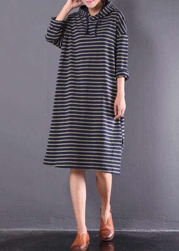 chic dressBeautiful blue striped linen clothes For Women hooded drawstring daily spring Dress